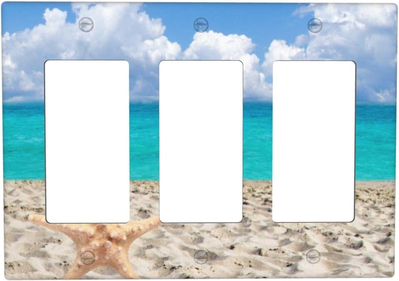 Giinly Beach Blue Ocean Triple Gang Rocker Decorative Light Switch Cover, 3-Gang Wall Plate Outlet Cover - Image 1